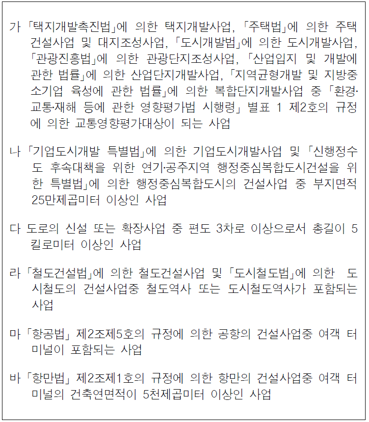 대중교통시설 기준을 반영해야 하는 대규모 개발사업