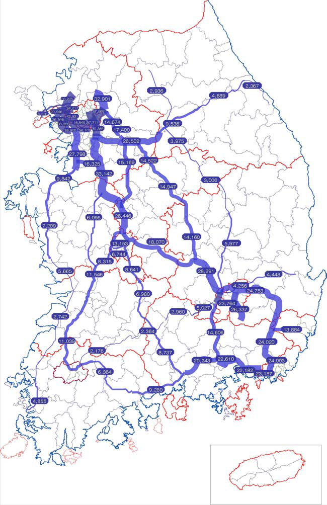 2005년 전국 고속국도 화물차 통행량 분포