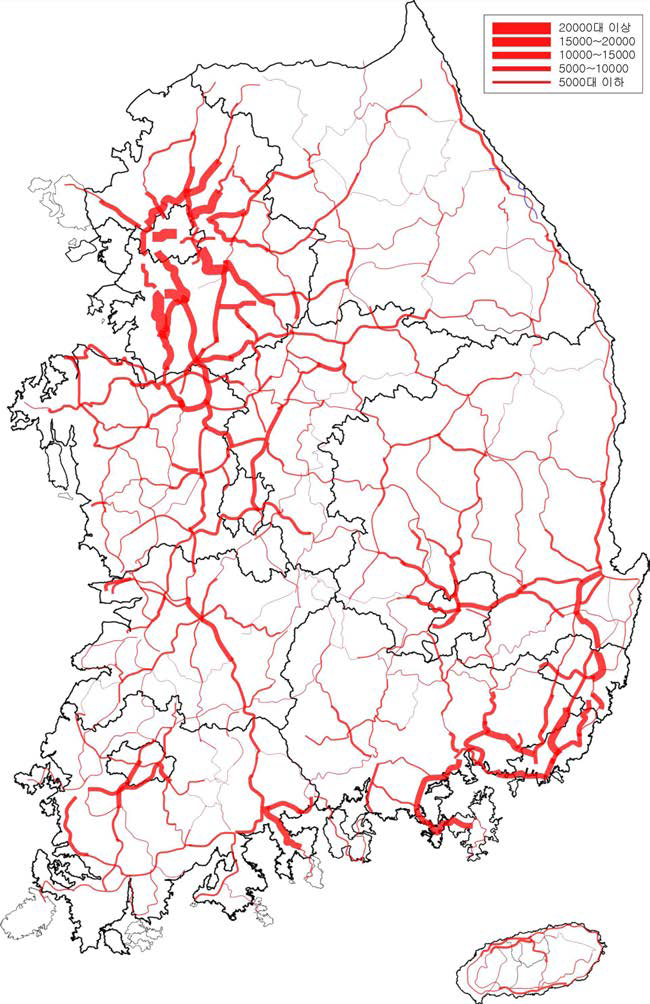 2005년 전국 일반국도 화물차 통행량 분포