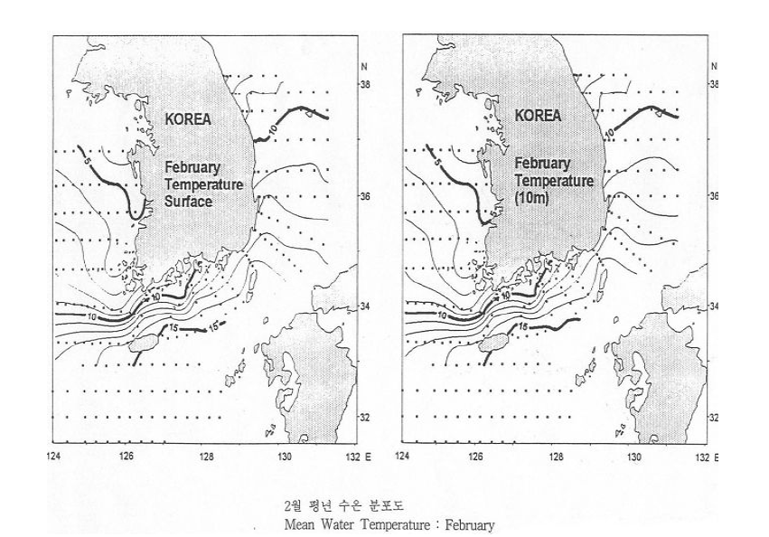 표층과 수심 10m의 2월 평균 수온 분포도 (국립수산과학원 2001).