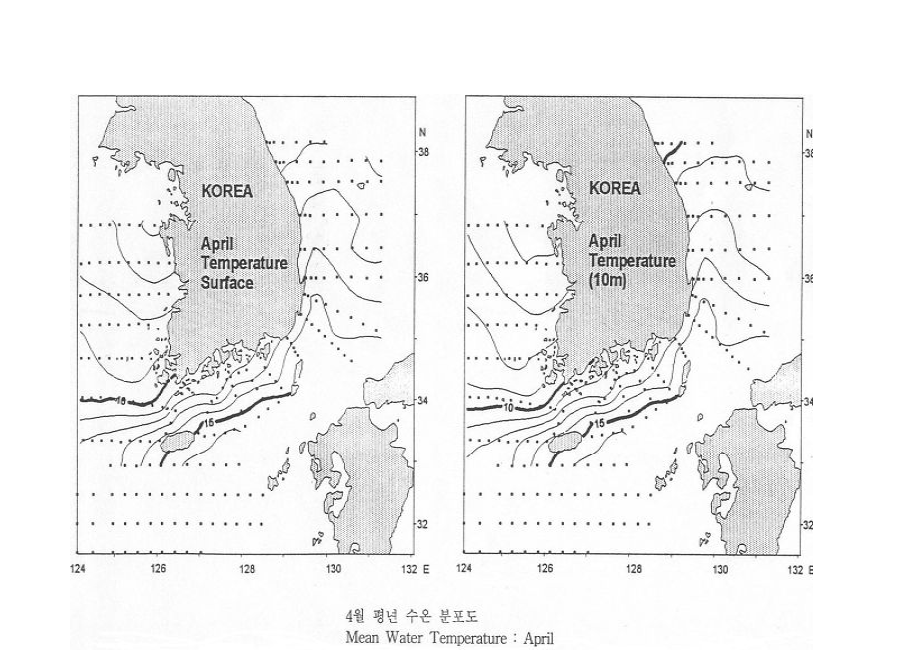 표층과 수심 10m의 4월 평균 수온 분포도 (국립수산과학원 2001).