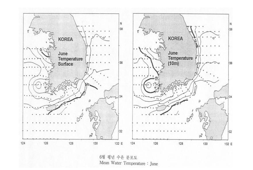 표층과 수심 10m의 6월 평균 수온 분포도 (국립수산과학원 2001).