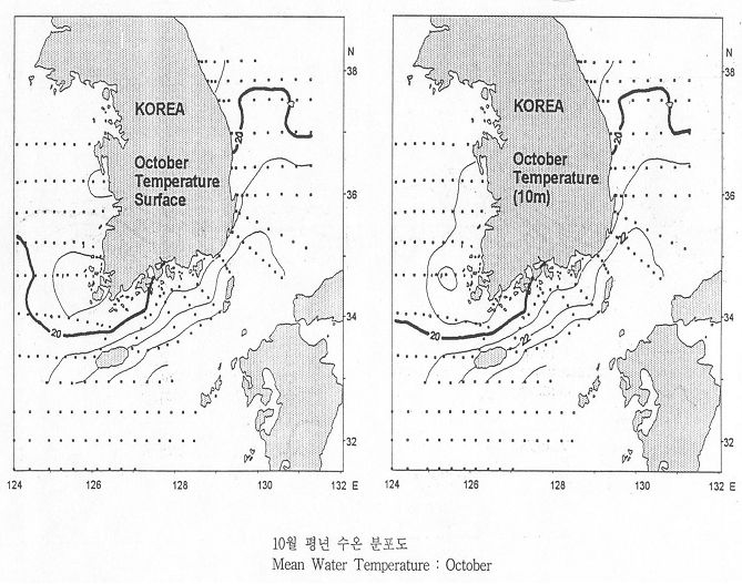 표층과 수심 10m의 10월 평균 수온 분포도 (국립수산과학원 2001).