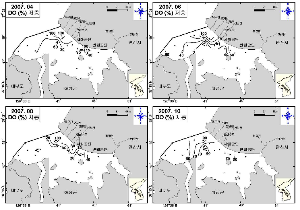 저층수의 용존산소포화도 분포