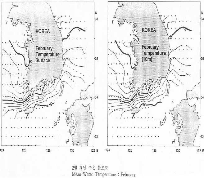 표층과 수심 10 m의 2월 평균 수온 분포도( 2001).