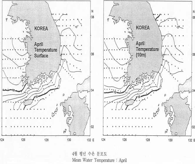 표층과 수심 10 m의 4월 평균 수온 분포도(2001).