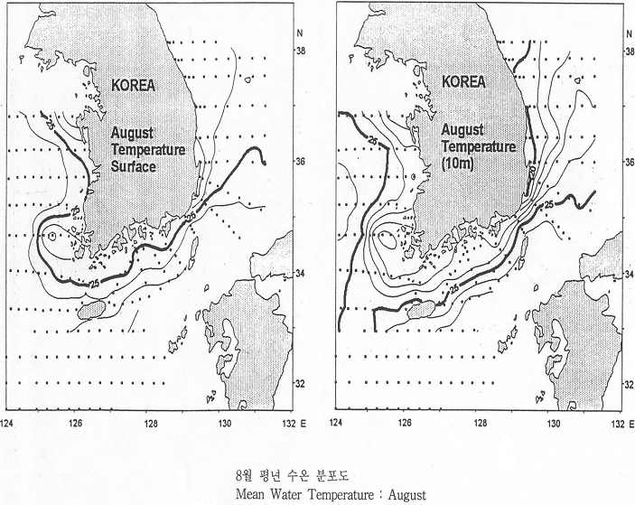 표층과 수심 10 m의 8월 평균 수온 분포도(2001).