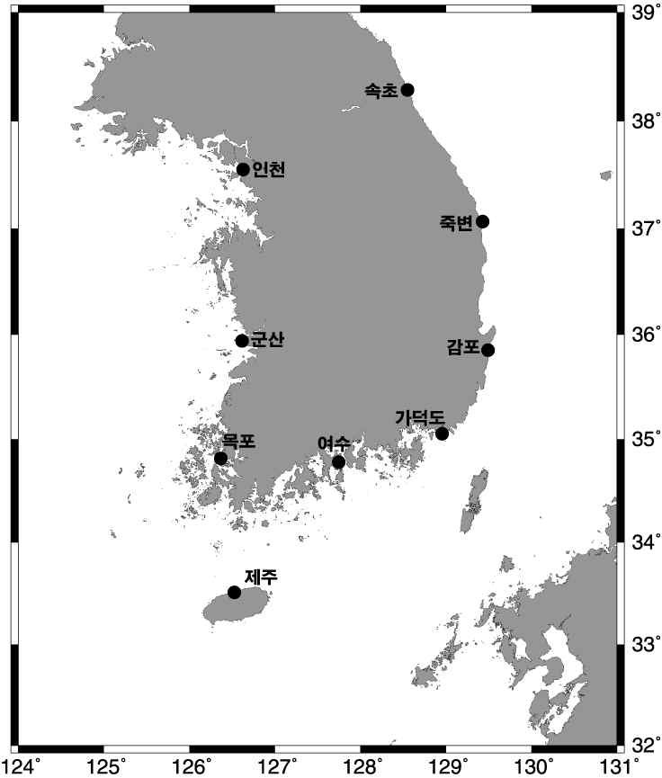 해역별 주요 연안정지관측 위치도