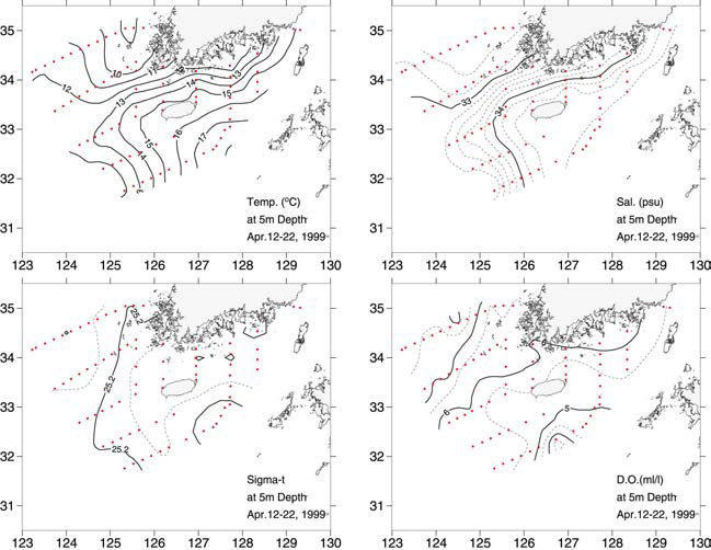 우리나라 남해의 1999년 4월의 수심 5m의 수온, 염분, 밀도, 용존산소의 수평분포