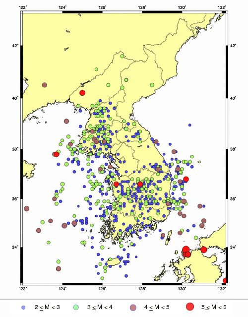 한반도 계기관측 지진발생 분포도 (1978년 ~현재)