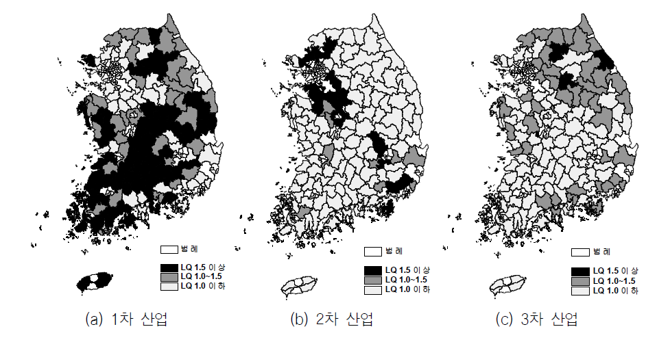 산업부문별 특화도의 지역 분포