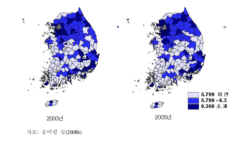 지역발전지수(RDI)의 분포 변화:2000년,2005년 비교