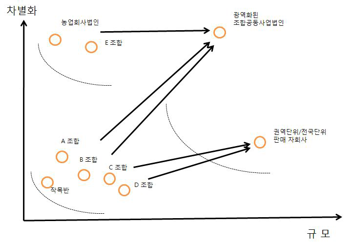 사업 규모 및 차별화 요구수준에 따른 산지유통 자회사 형태