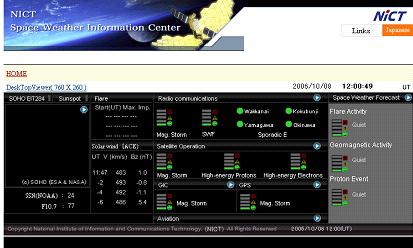 NICT 홈페이지의 우주환경 정보서비스 화면