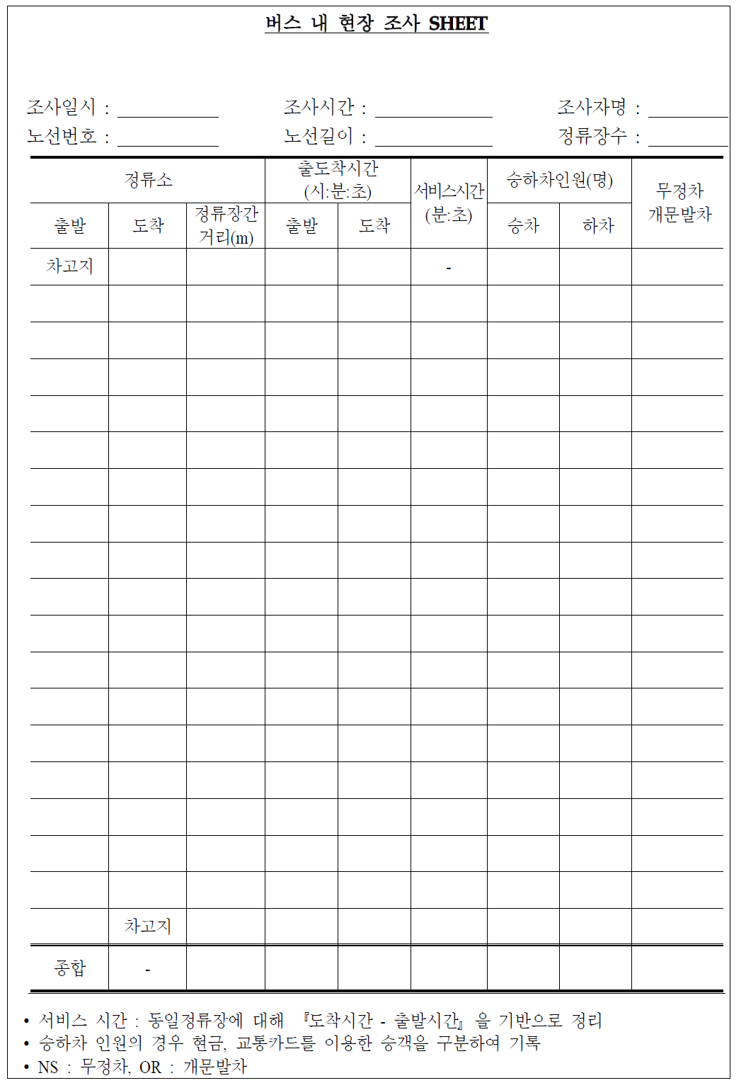 버스 내 조사 양식지(예)