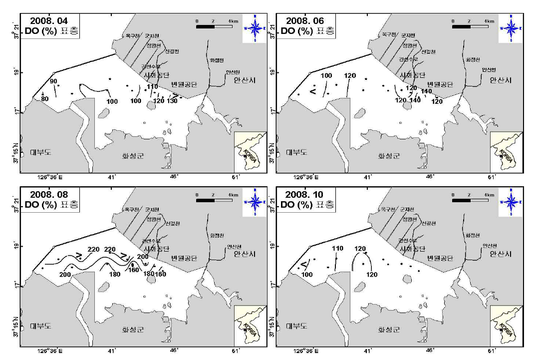 표층수의 용존산소포화도 분포