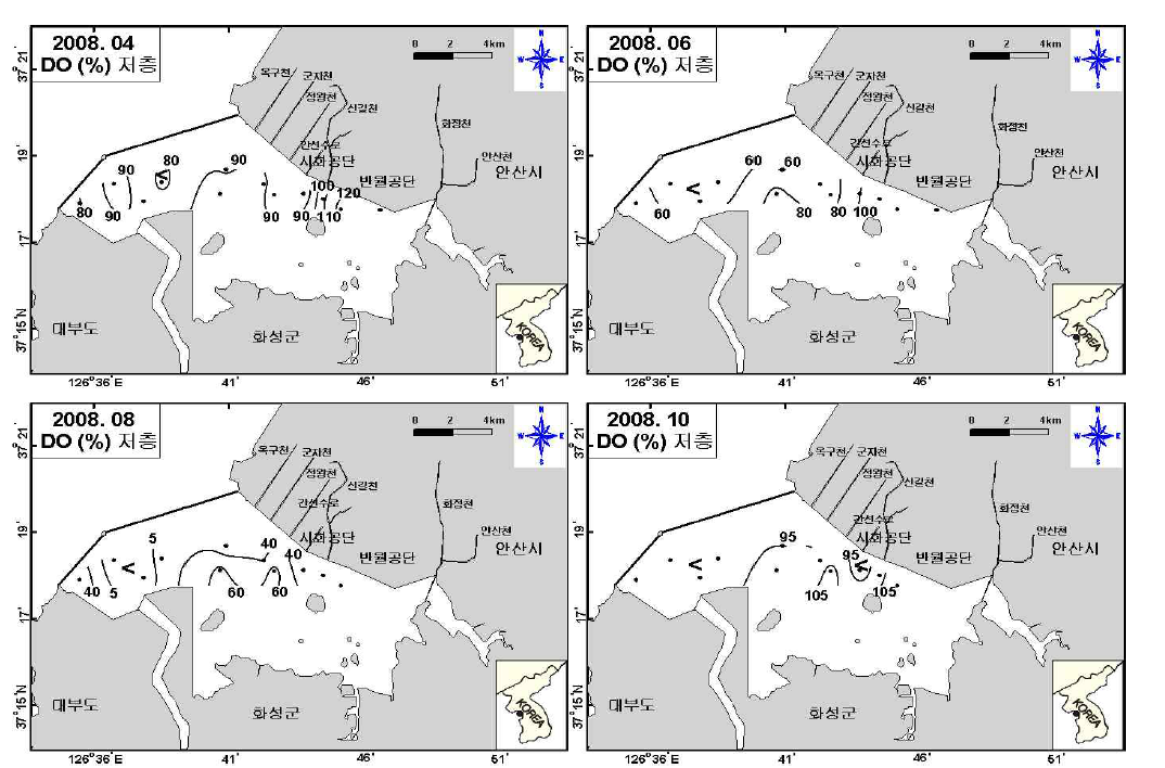 저층수의 용존산소포화도 분포