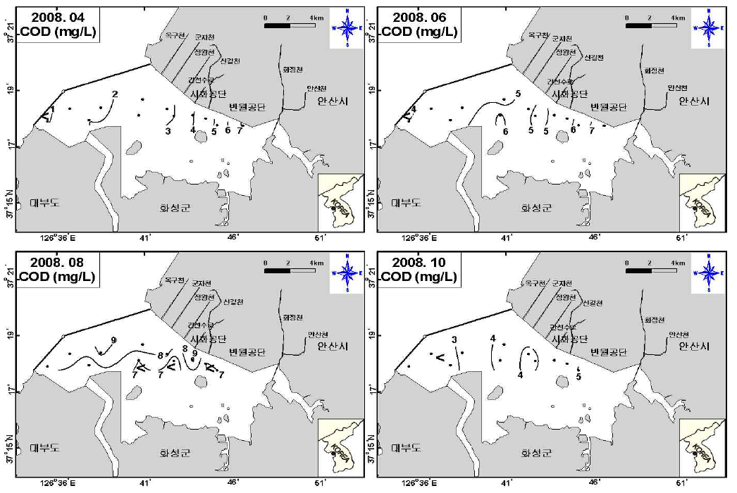 표층수의 COD 분포