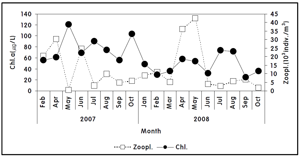 2007～2008년 시화호에서 엽록소 농도와 동물플랑크톤 현존량의 변화