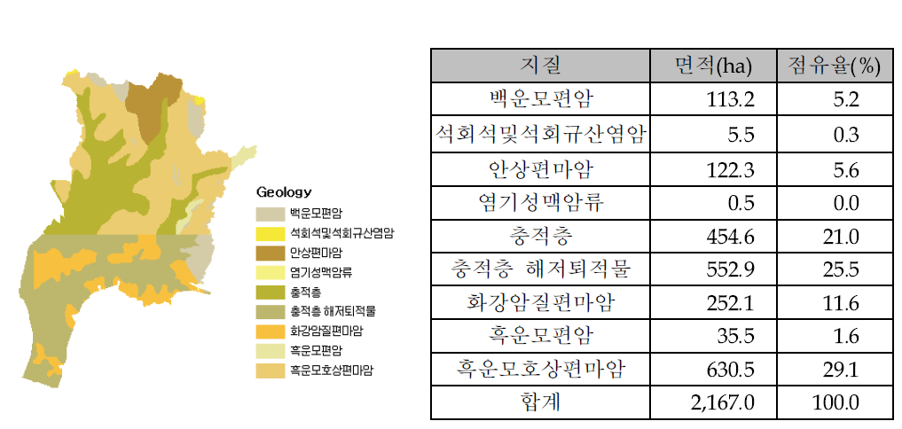 신길천 유역의 지질 분포도