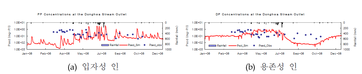 동화천 유역 출구에서의 입자성 인, 용존성 인 농도 모의 결과
