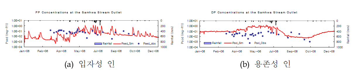 삼화천 유역 출구에서의 입자성 인, 용존성 인 농도 모의 결과