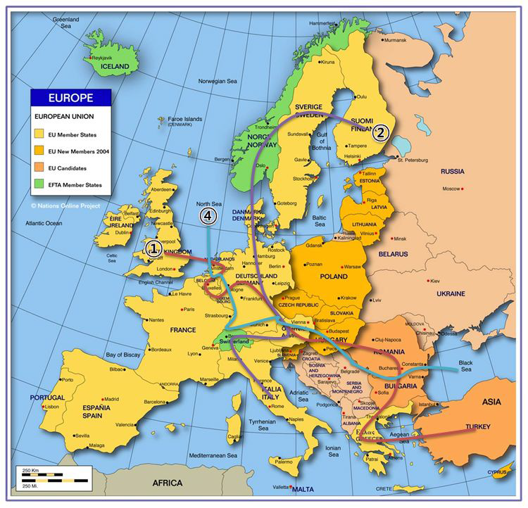 유럽의 주요 복합운송 구간