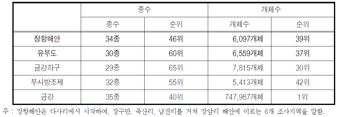 서천갯벌 인근 해안 관찰 조류 종수 및 개체수