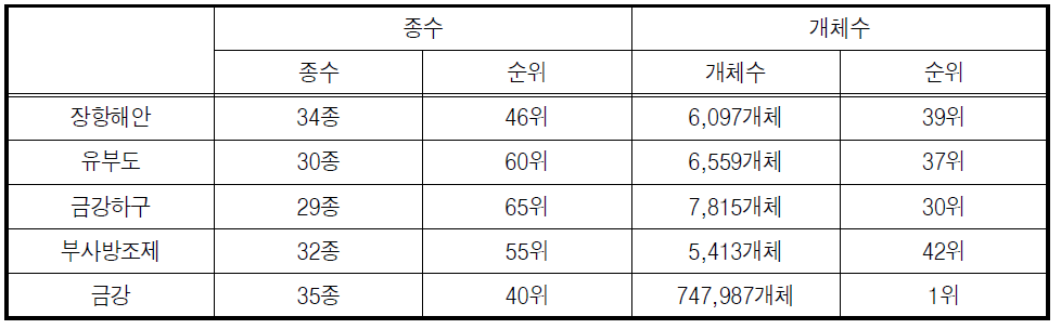 서천갯벌 인근 해안 관찰 조류 종수 및 개체수