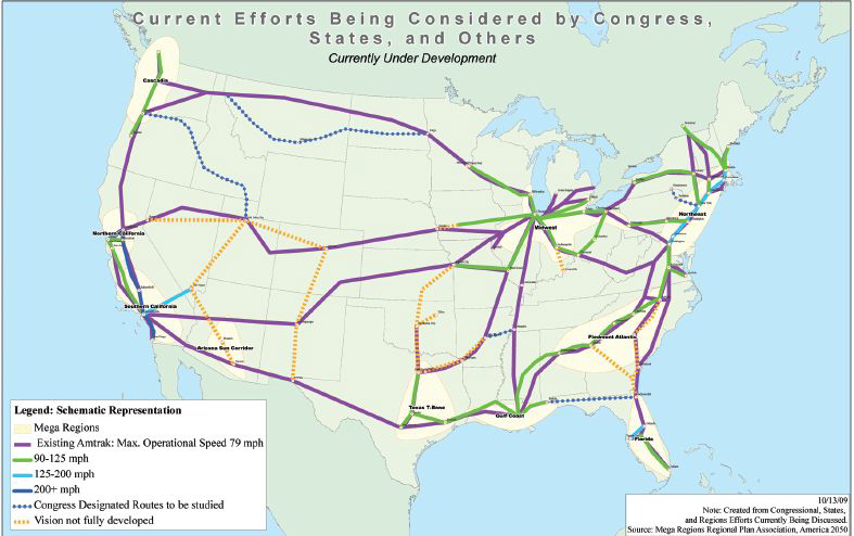 미국의 고속철도 및 지역간 여객철도 계획 교통축