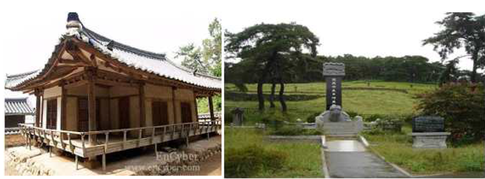하천변에 위치하는 문화재인 이노정과 곽재우장군 묘역