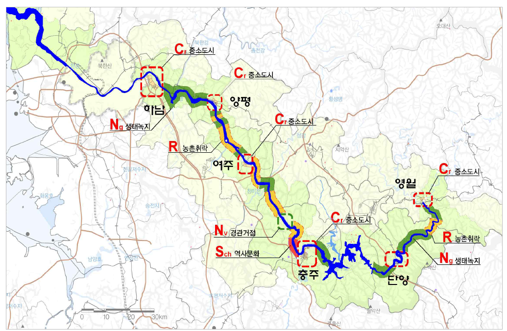남한강 유역권의 수변공간 유형분석도
