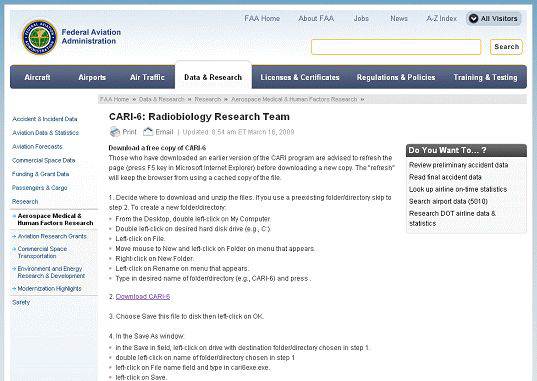 CARI-6를 제공하는 FAA 홈페이지