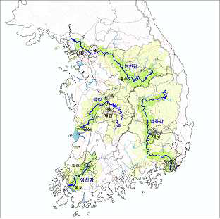 주요하천 수계와 하천내의 행정구역