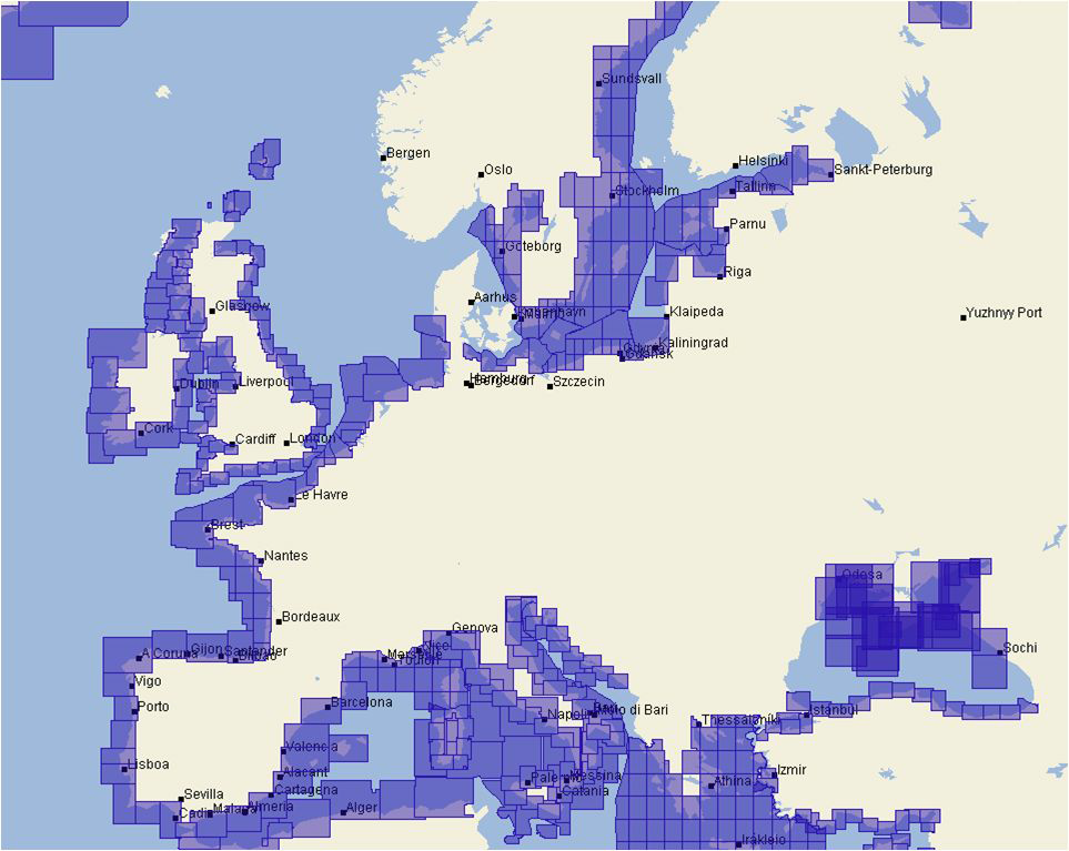 유럽지역의 해안도(Coasta lchart) 중첩 현황