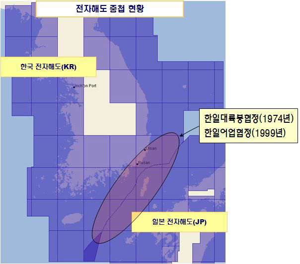 한일간 Coastal 전자해도 중첩현황