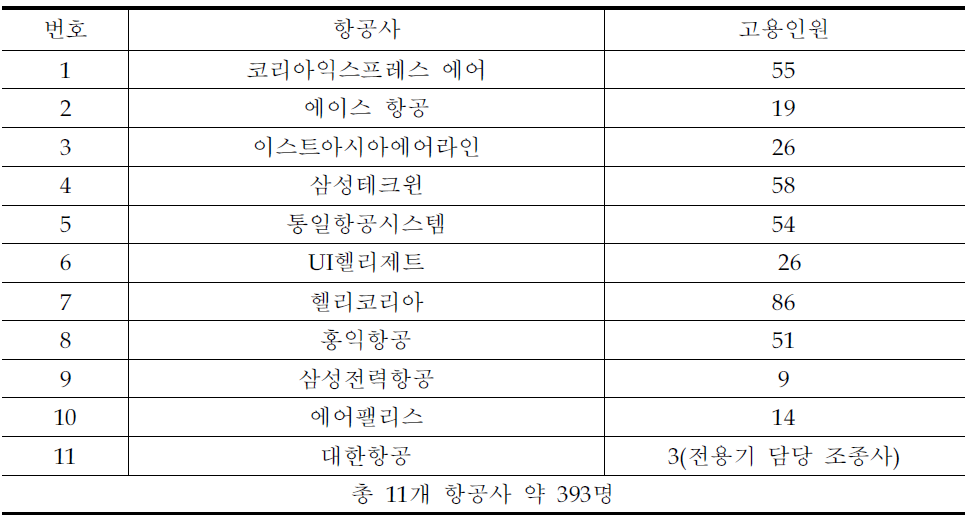 국내 소형항공운송사업 고용 현황