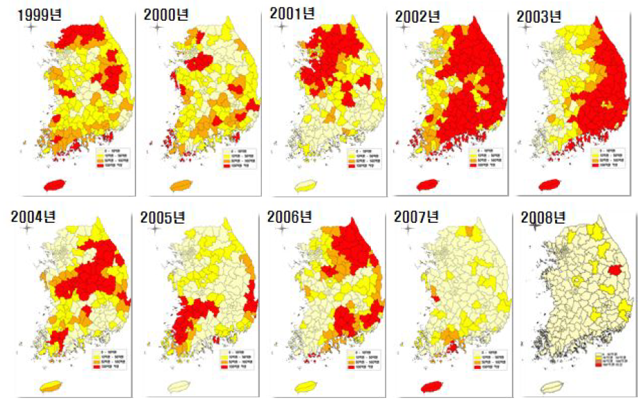 최근 10년간(’99∼’08)연도별・지역별 자연재해 피해액 분포