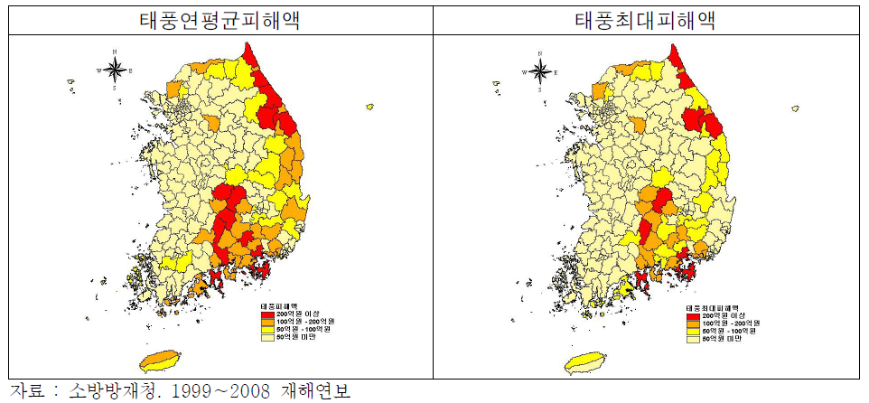 최근 10년간(’99∼’08)태풍피해액 분포