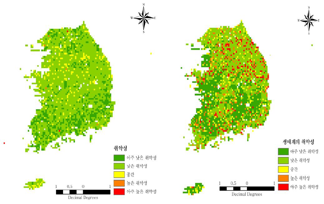 현재(1977-2006)와 미래(2071-2100)의 산림부문 취약성 변화