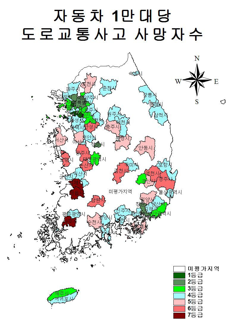 자동차 1만대당 교통사고 사망자수 등급별 분포