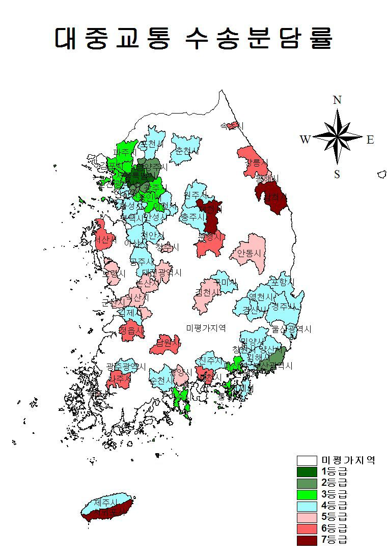 대중교통 수송분담률 등급별 분포