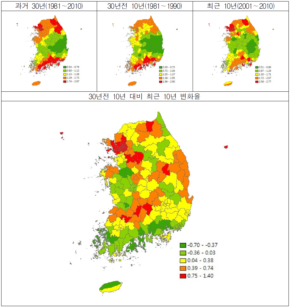 100㎜/일 이상 강수일수 국토․지역별 분포