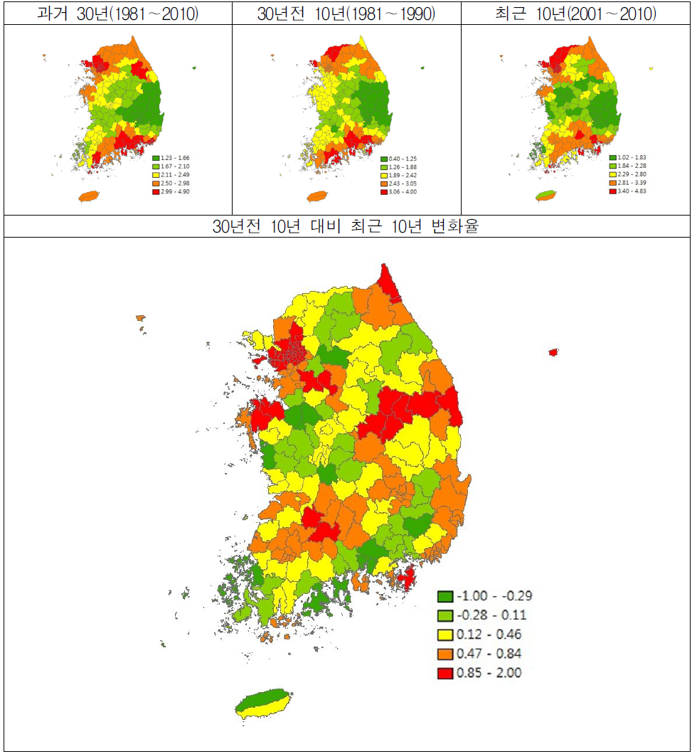 80㎜/일 이상 강수일수 국토․지역별 분포