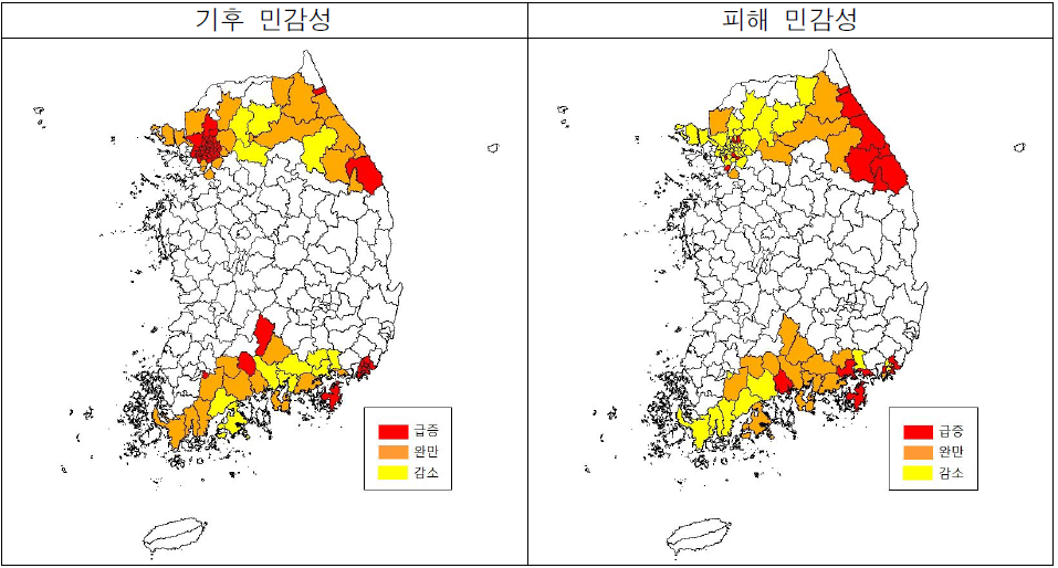 홍수에 대한 기후 및 피해 민감성의 지역별 분포