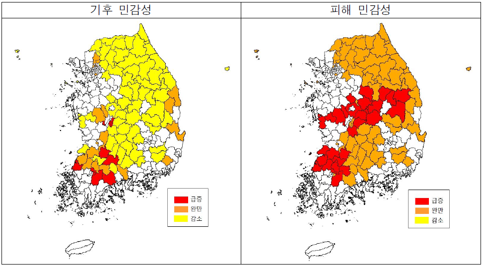 폭설에 대한 기후 및 피해 민감성의 지역별 분포