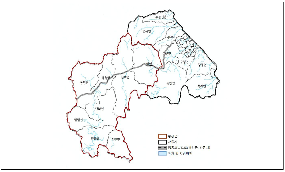 평창군과 강릉시 내 영동고속도로 위치도