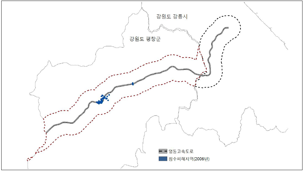 평창군과 강릉시 내 영동고속도로 주변지역 침수피해지역 현황