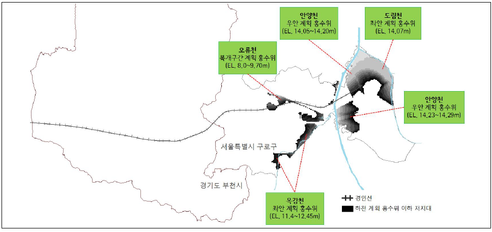 부천시와 구로구 내 경인선 주변지역 인접하천 계획홍수위 이하 저지대