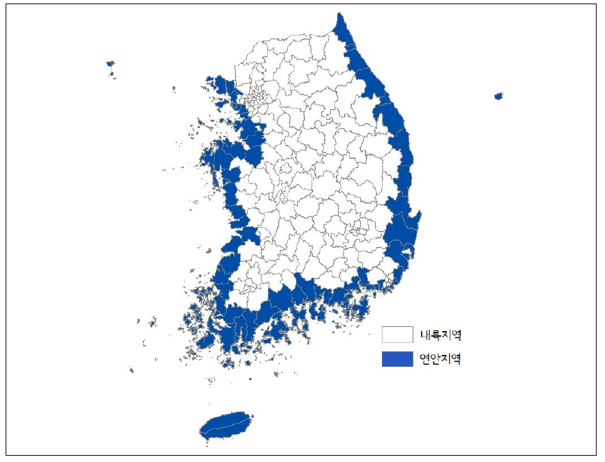 내륙 및 연안지역 지자체 분포도